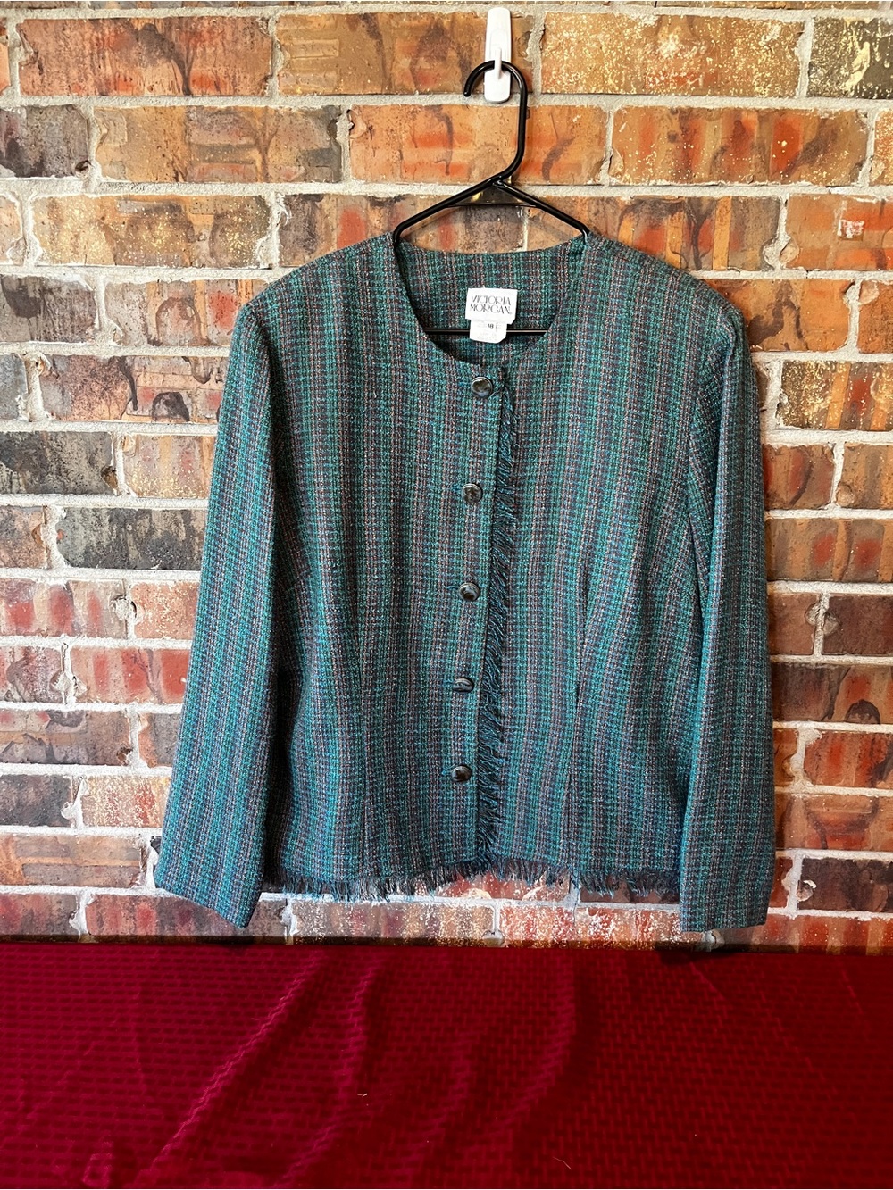 Victoria Morgan textured teal & gray striped blazer fringed edges Size:18